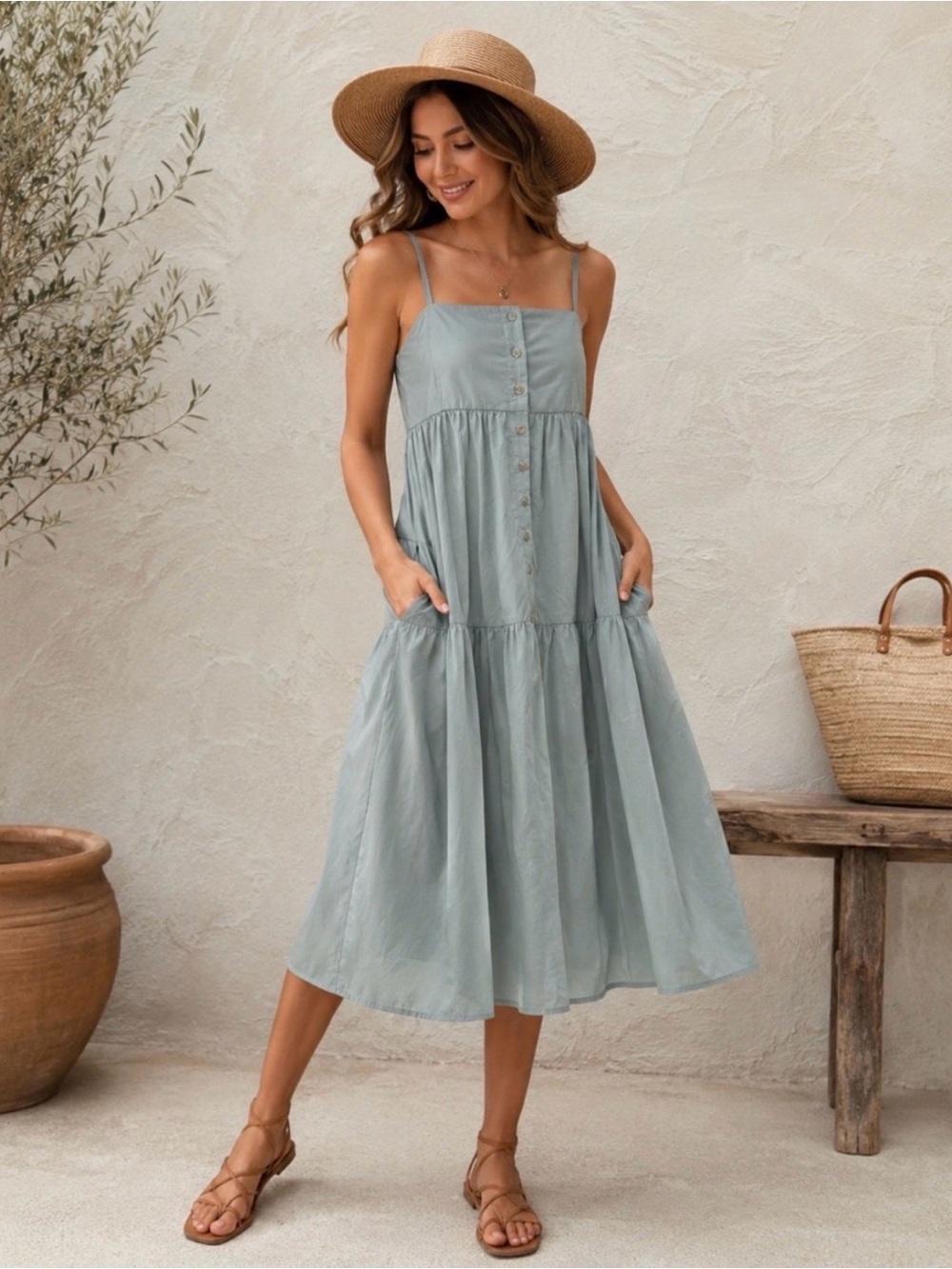 En Saison - feminine sage blue green maxi dress with pockets